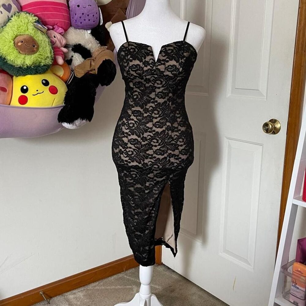 EMERALD SUNDAE BLACK LACE MIDI BODYCON DRESS